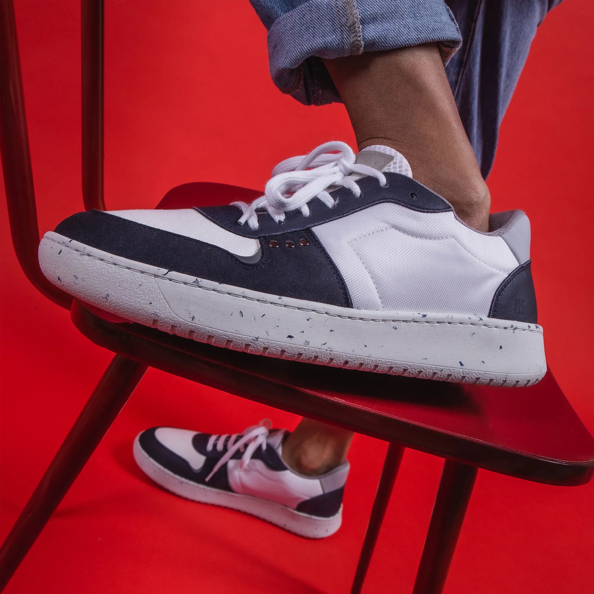 ME.LAND Evan vegan and recycled sneaker in white and navy blue sole