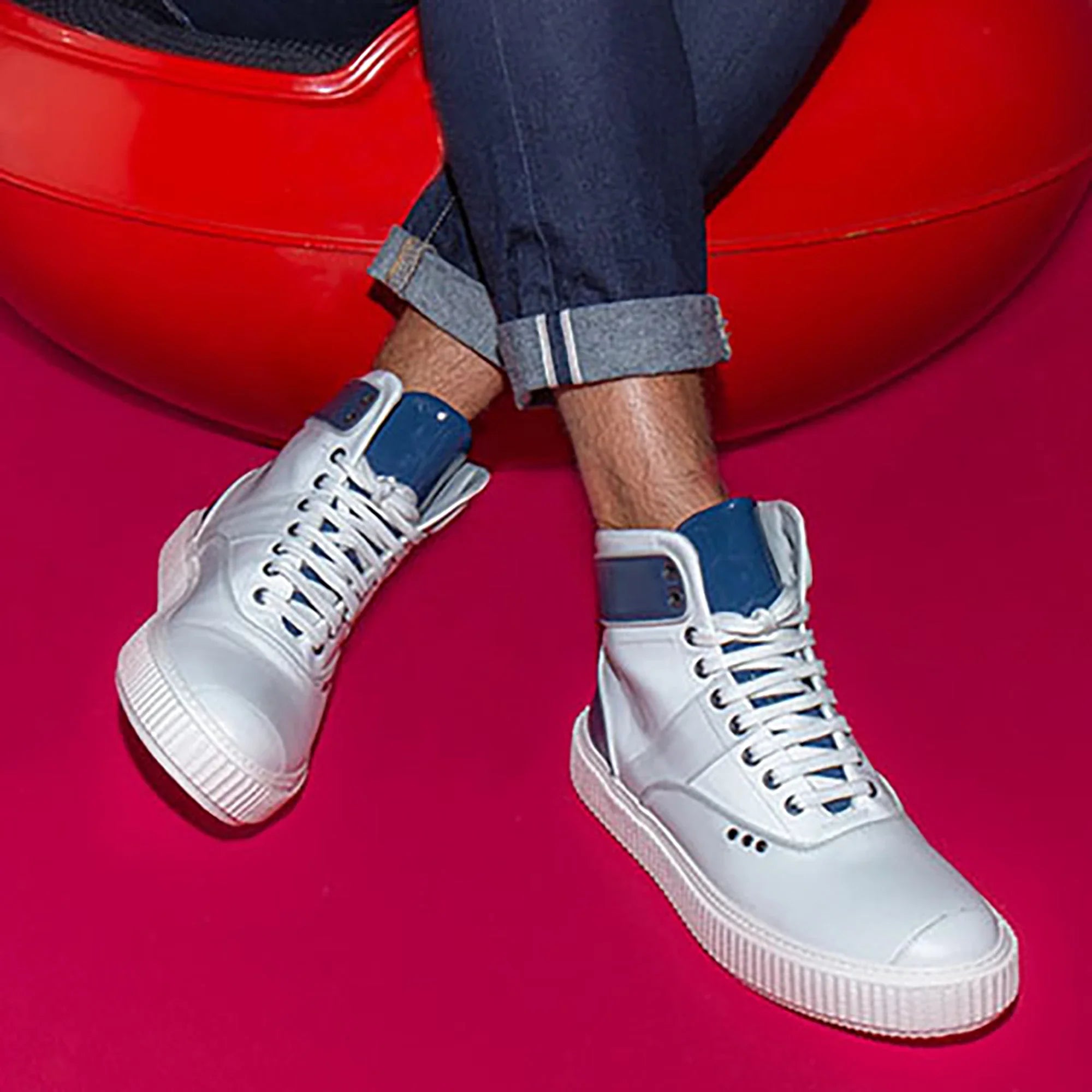 ME.LAND White and blue high top HEAKER sneakers front and back