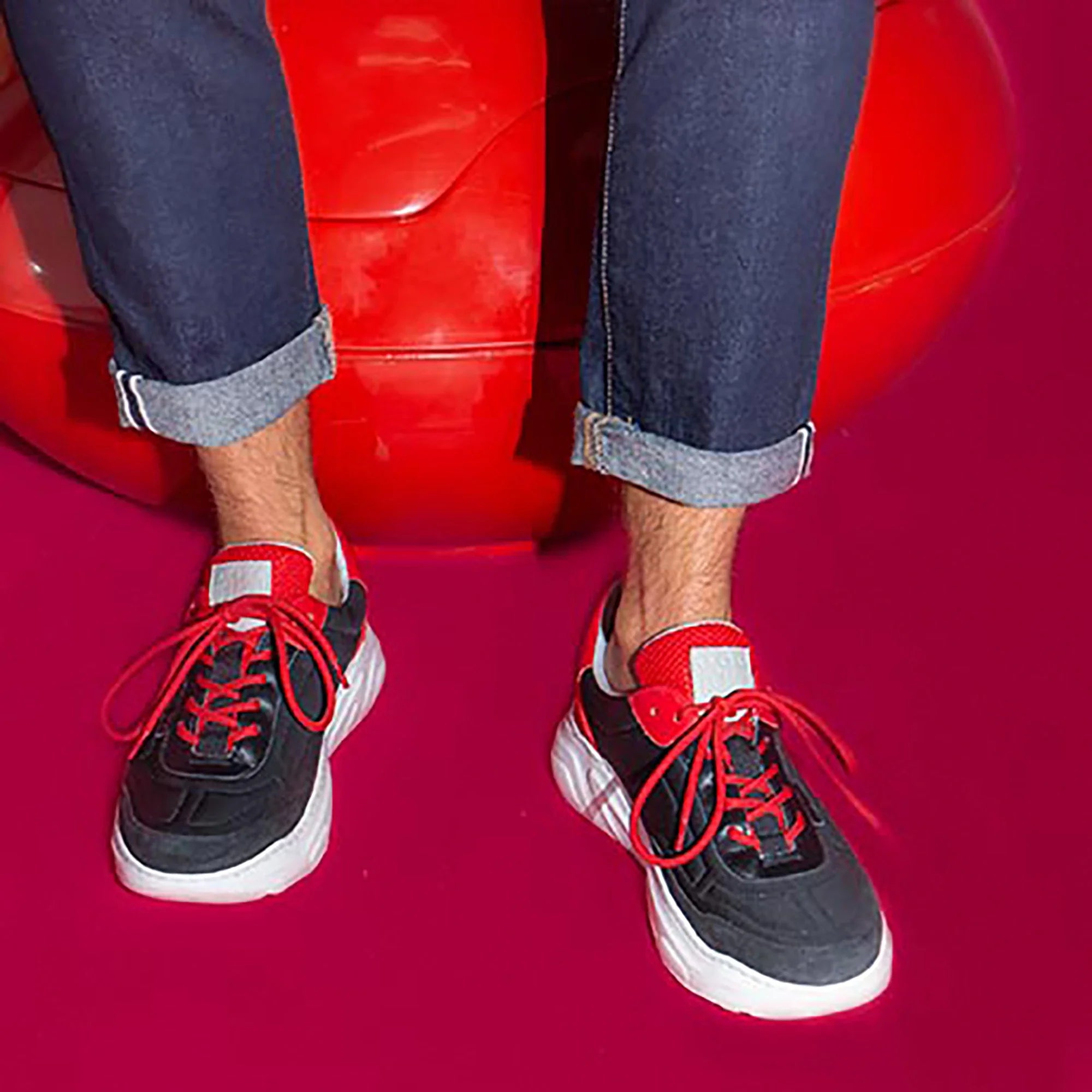 ME.LAND Black and red recycled nylon DEBUT sneaker front and back