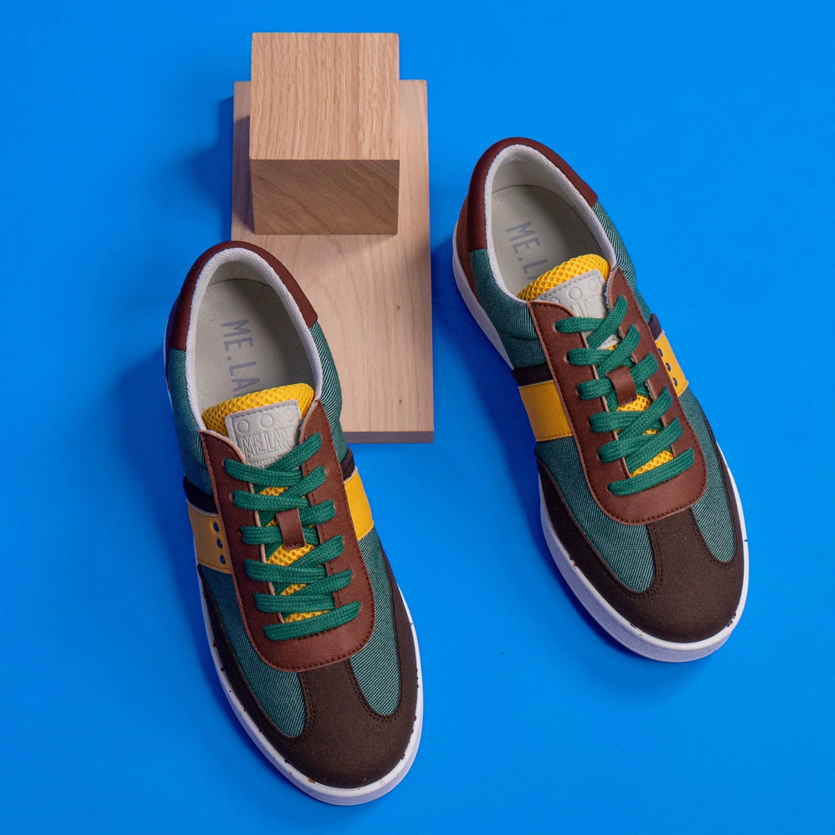 Vivace vegan and recycled sneaker in green, brown and yellow ✔ ME.LAND