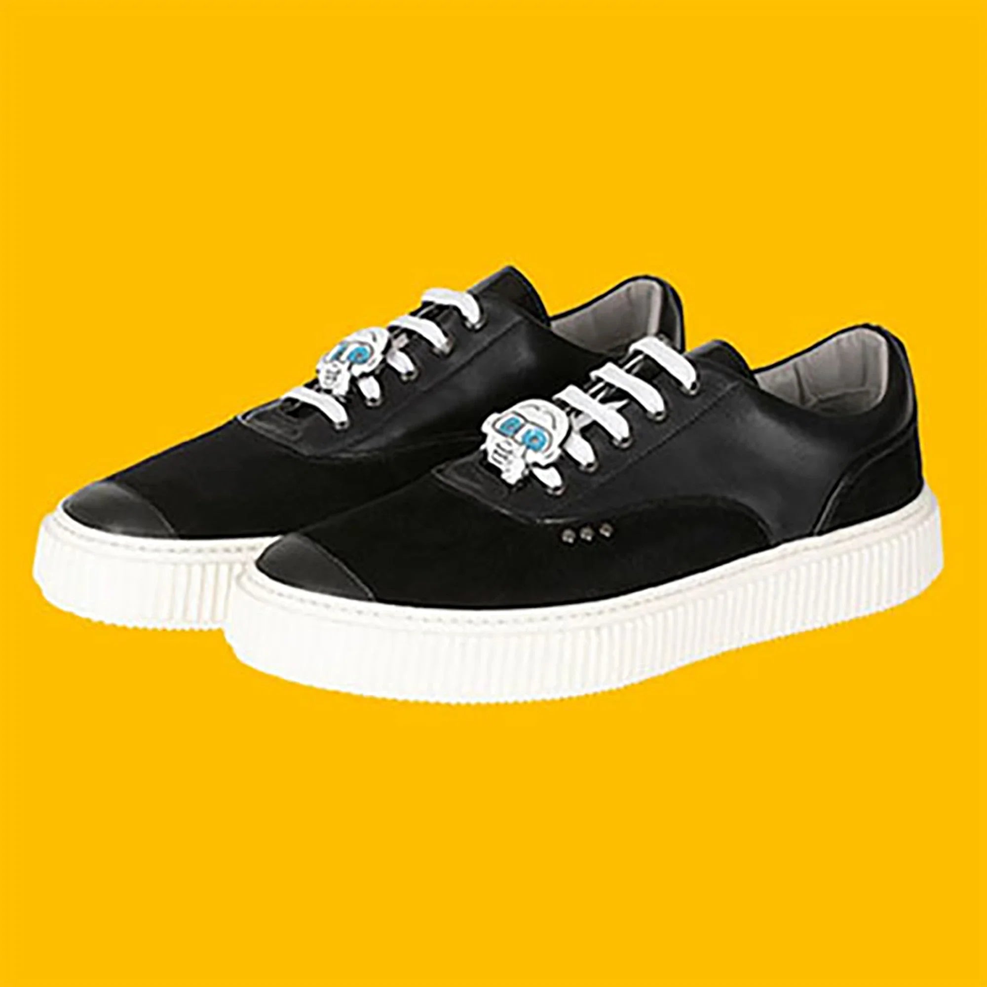 SUPER ME shoe clap pin ✔ ME.LAND on a black suede shoe