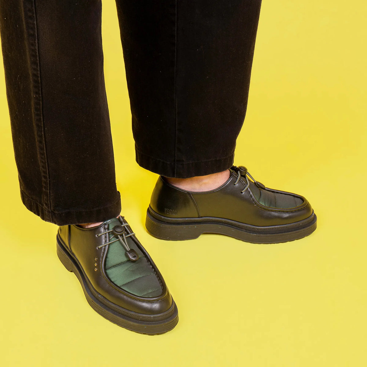 Black Apple Leather and Dark Green Nylon Vegan Rando Derby