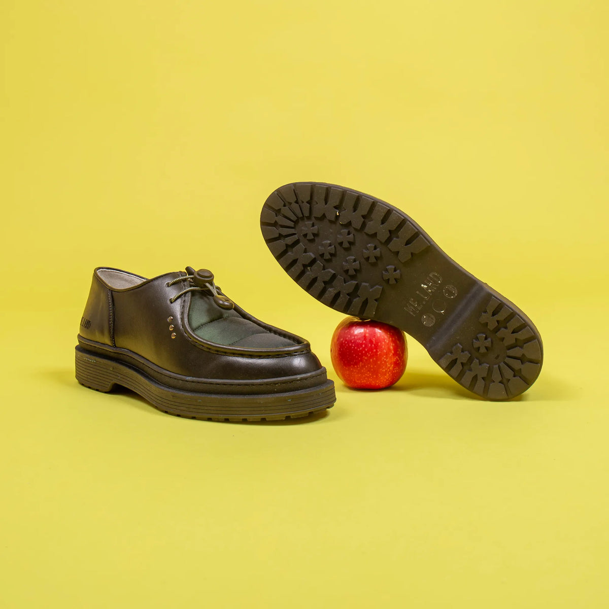 Black Apple Leather and Dark Green Nylon Vegan Rando Derby